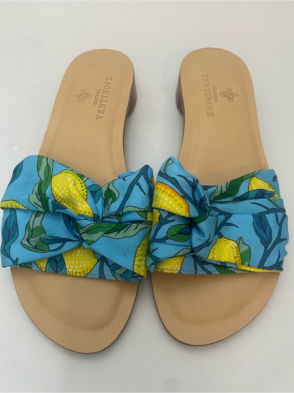 Editions Ventinove Blue Lemon Print Bow Slide Sandals Flat Made in Italy